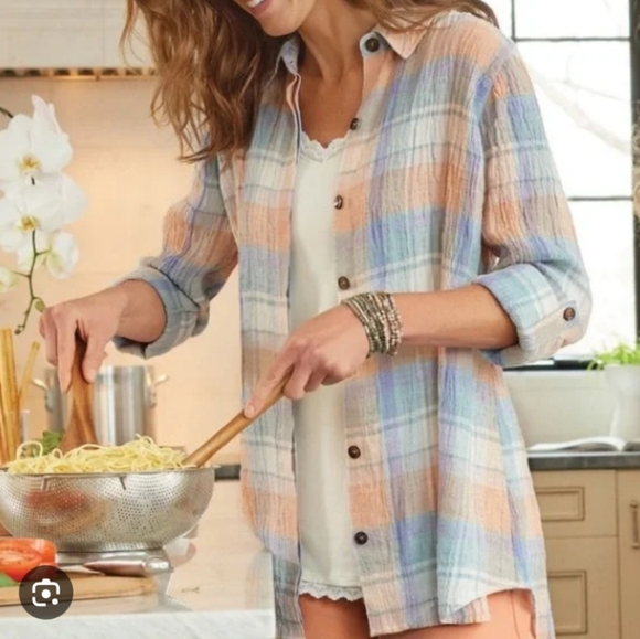 Soft Surroundings Tops - Plaid Button-Up Shirt in Pastel Colors